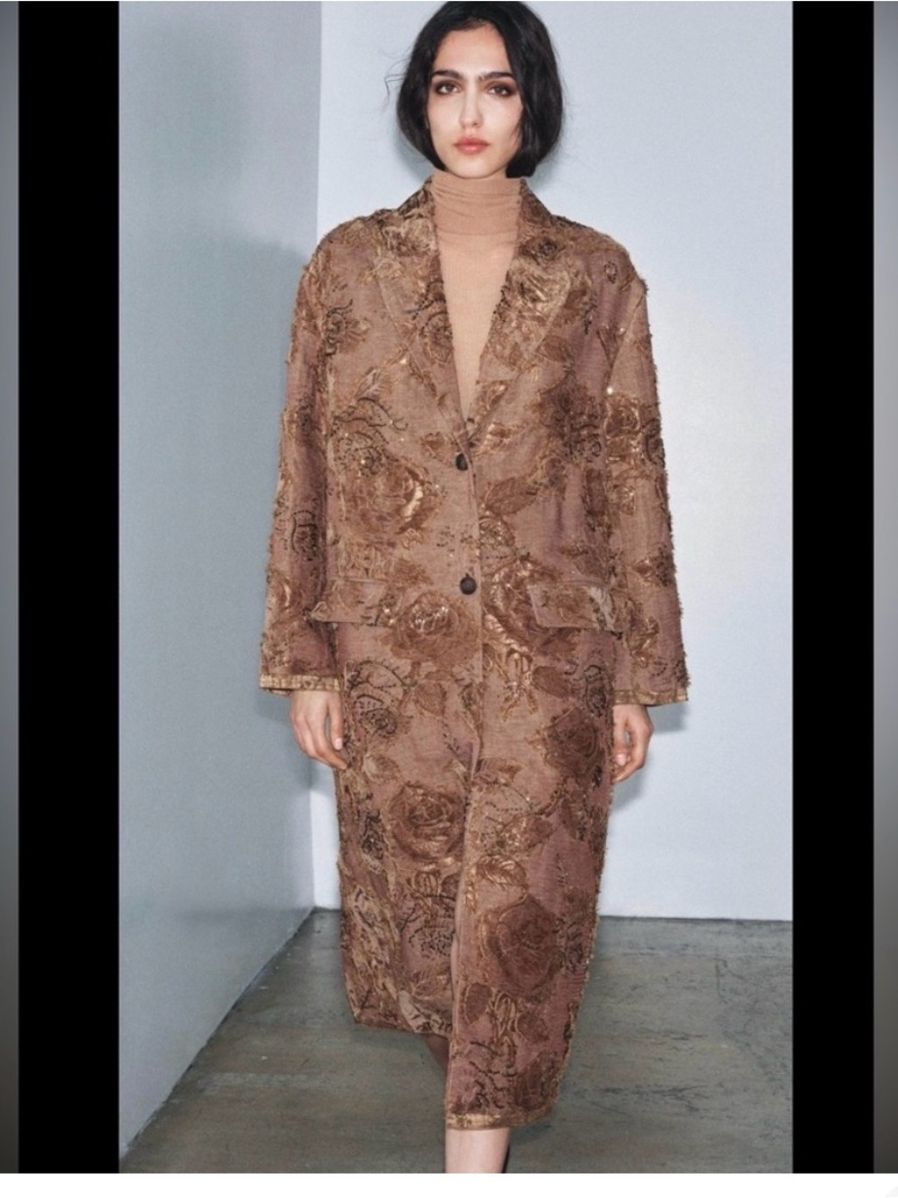 Zara Brown Floral Jacquard Long Coat